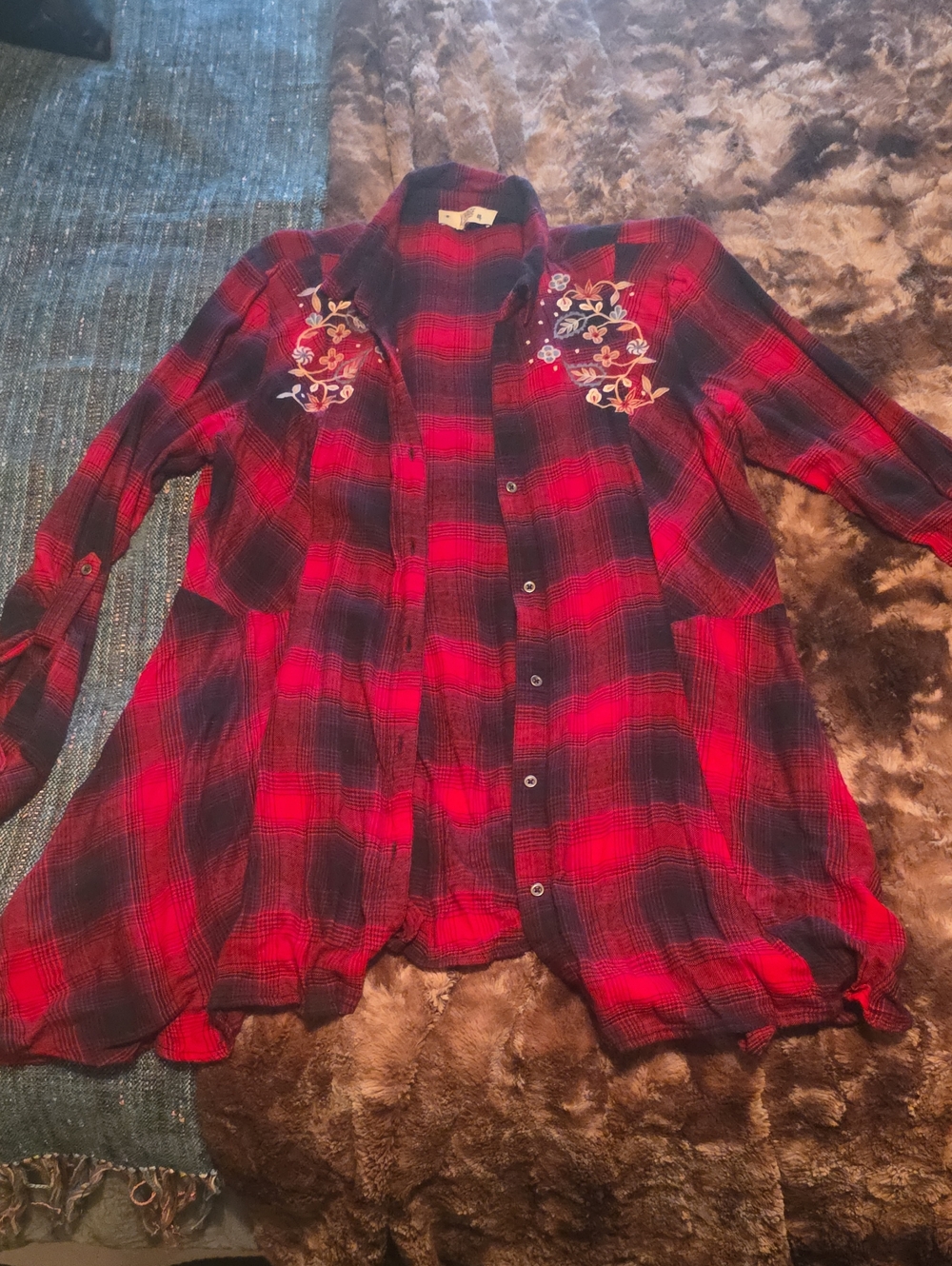 Vintage America Red & Black Plaid Button-Down Shirt with Floral Embroidery